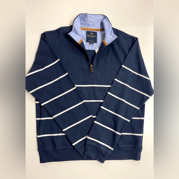 NWT Men’s Brooks Brothers Navy & White Stripe Quarter Zip Pullover Sweater SMALL - Picture 2 of 5